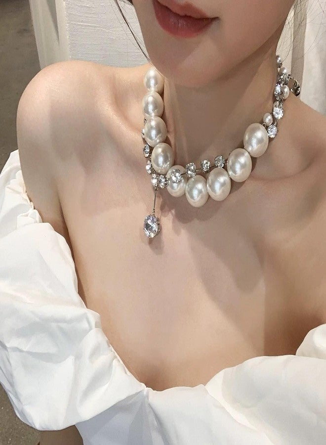 eartif Chunky Pearl Choker Necklace for Women Big Pearl Necklaces Exaggerated Large Pearl Necklaces Layered rhinestone pendant choker Statement Necklace Wedding Jewelry Gifts (Silver) - Image 3